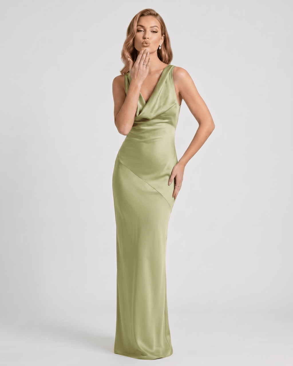Seralyn Maxi Dress by Lauven — satin sleeveless cowl neck slim maxi dress