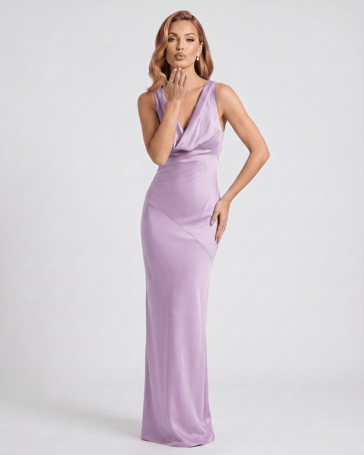 Seralyn Maxi Dress by Lauven — satin sleeveless cowl neck slim maxi dress
