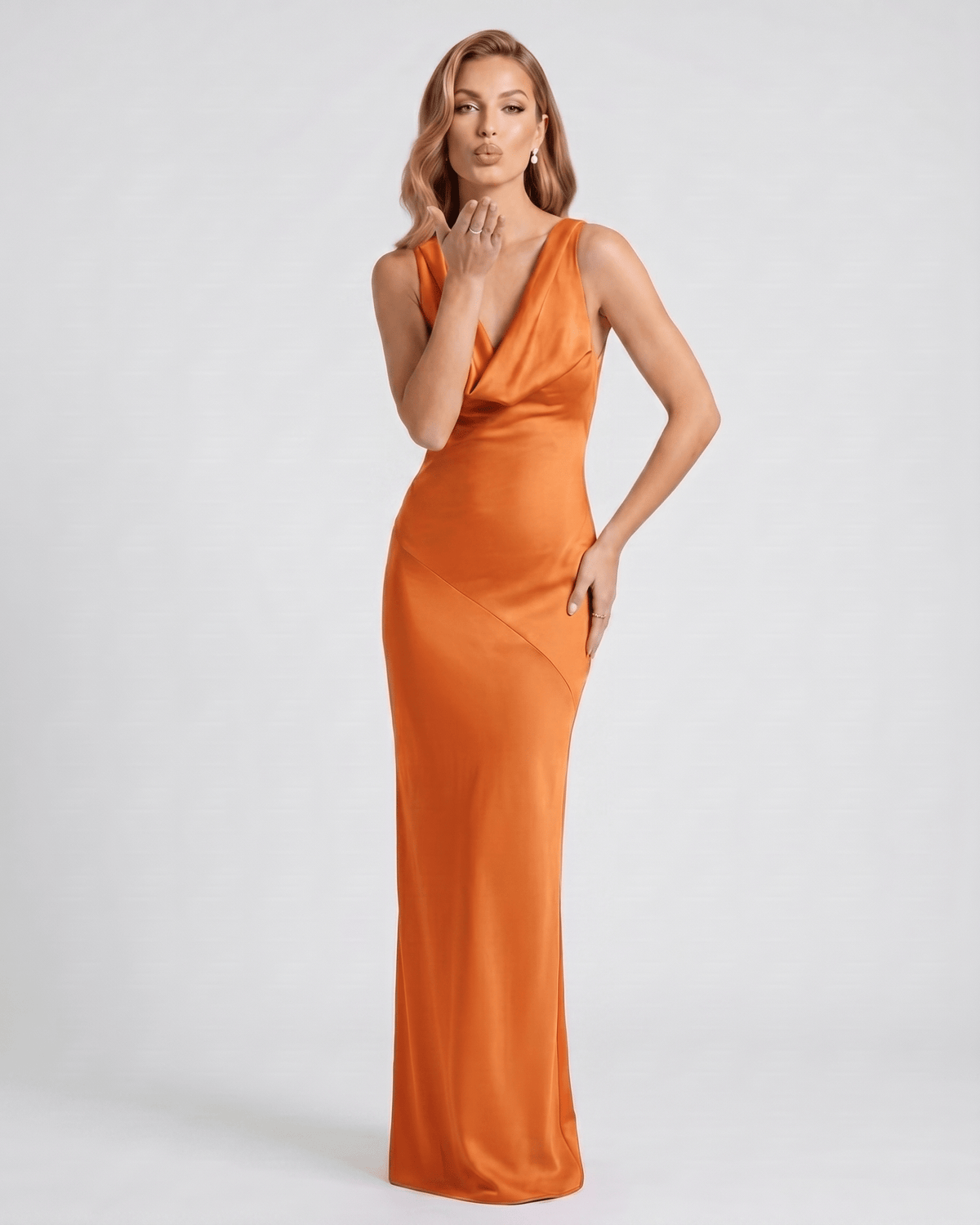 Seralyn Maxi Dress by Lauven — satin sleeveless cowl neck slim maxi dress