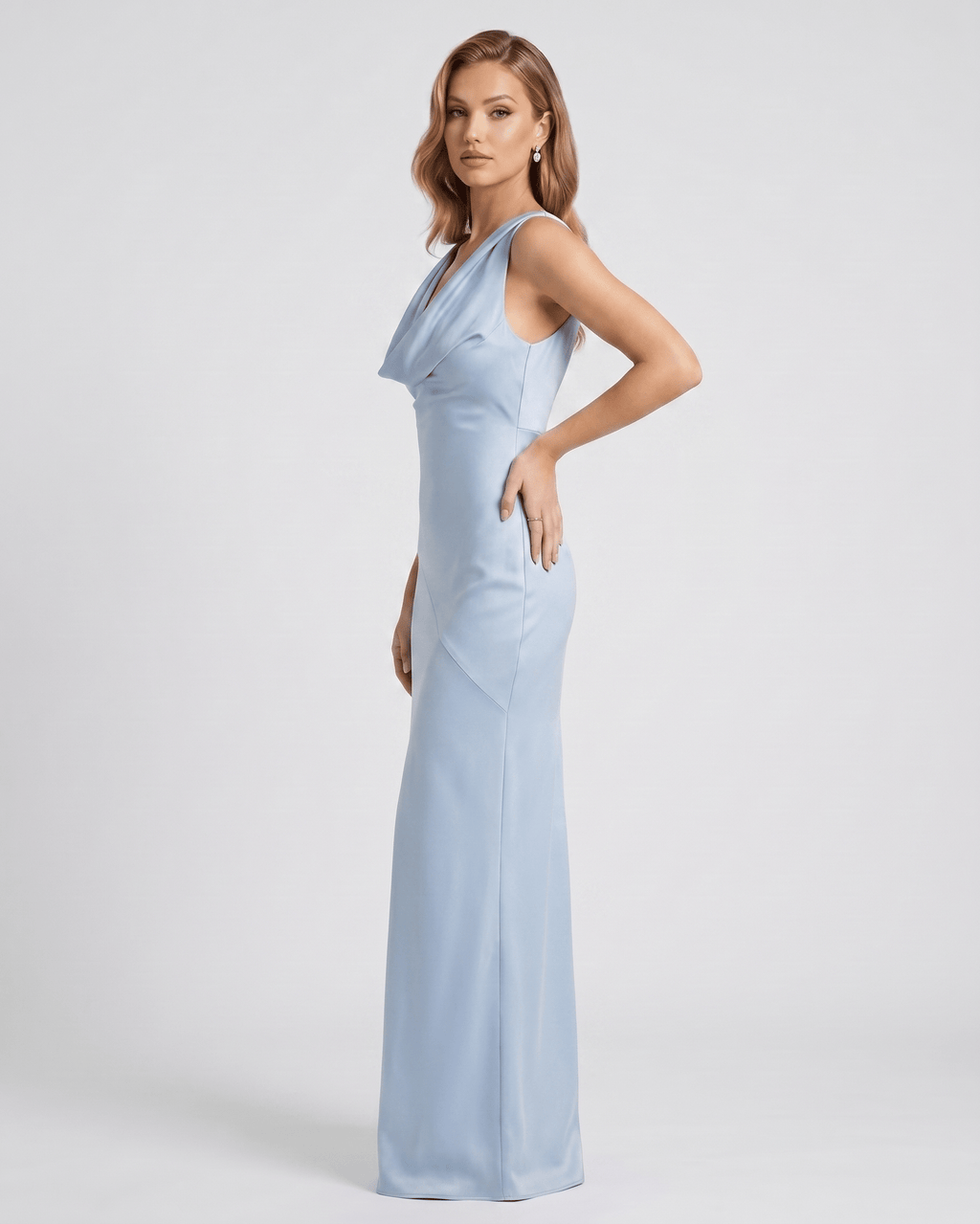 Seralyn Maxi Dress by Lauven — satin sleeveless cowl neck slim maxi dress