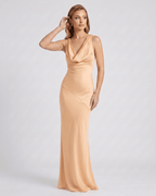 Seralyn Maxi Dress by Lauven — satin sleeveless cowl neck slim maxi dress