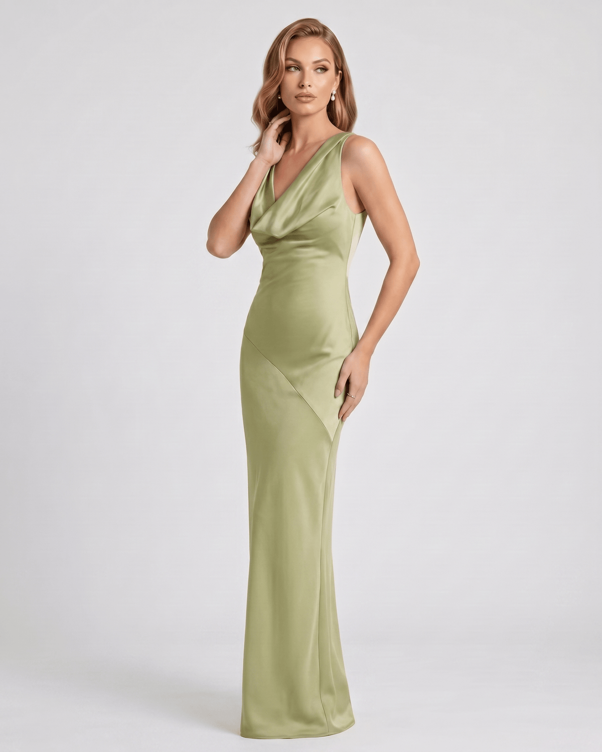 Seralyn Maxi Dress by Lauven — satin sleeveless cowl neck slim maxi dress