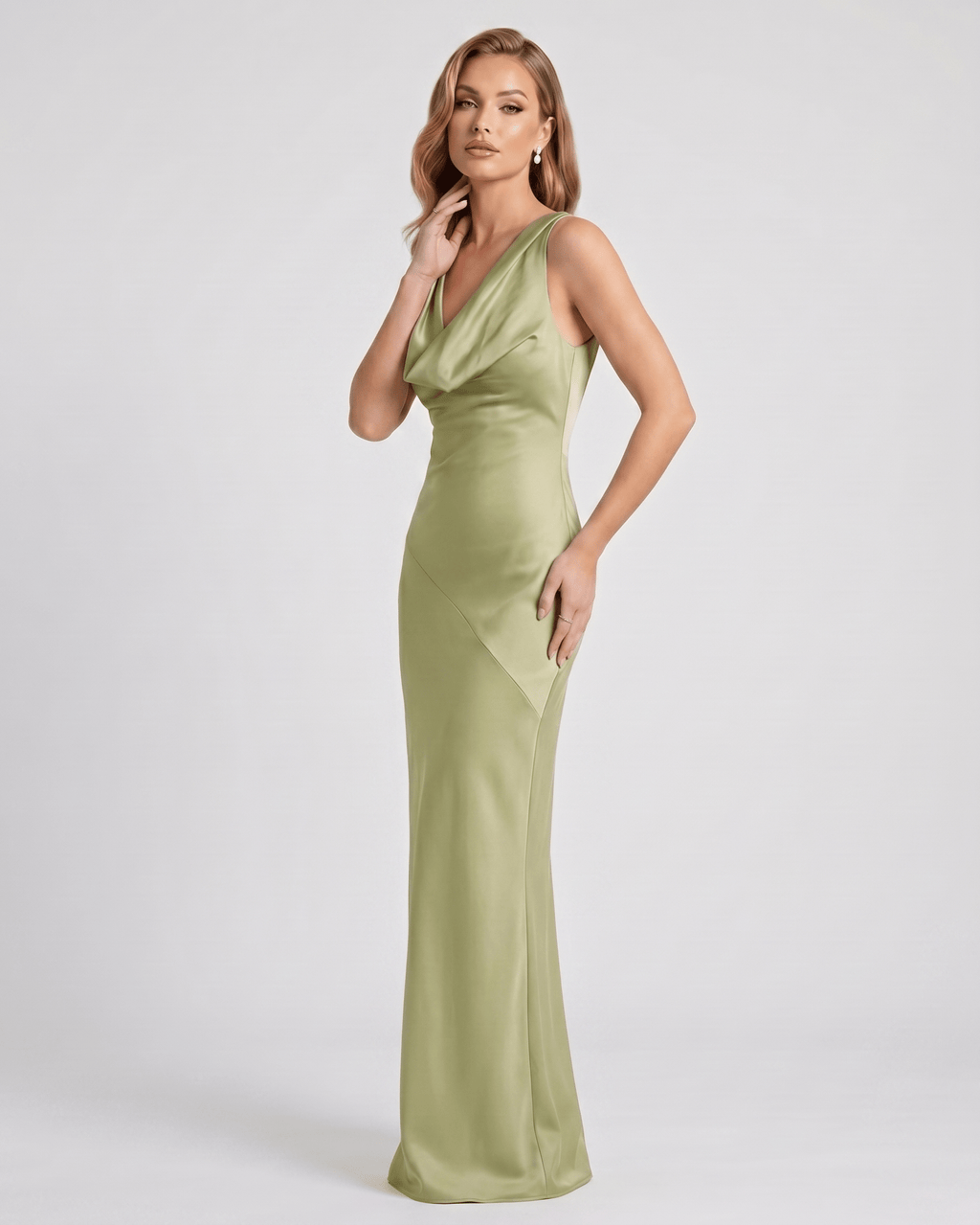 Seralyn Maxi Dress by Lauven — satin sleeveless cowl neck slim maxi dress