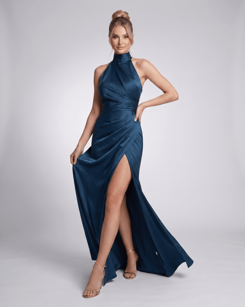 Veloura Maxi Dress by Lauven — satin sleeveless halter neck draped maxi dress