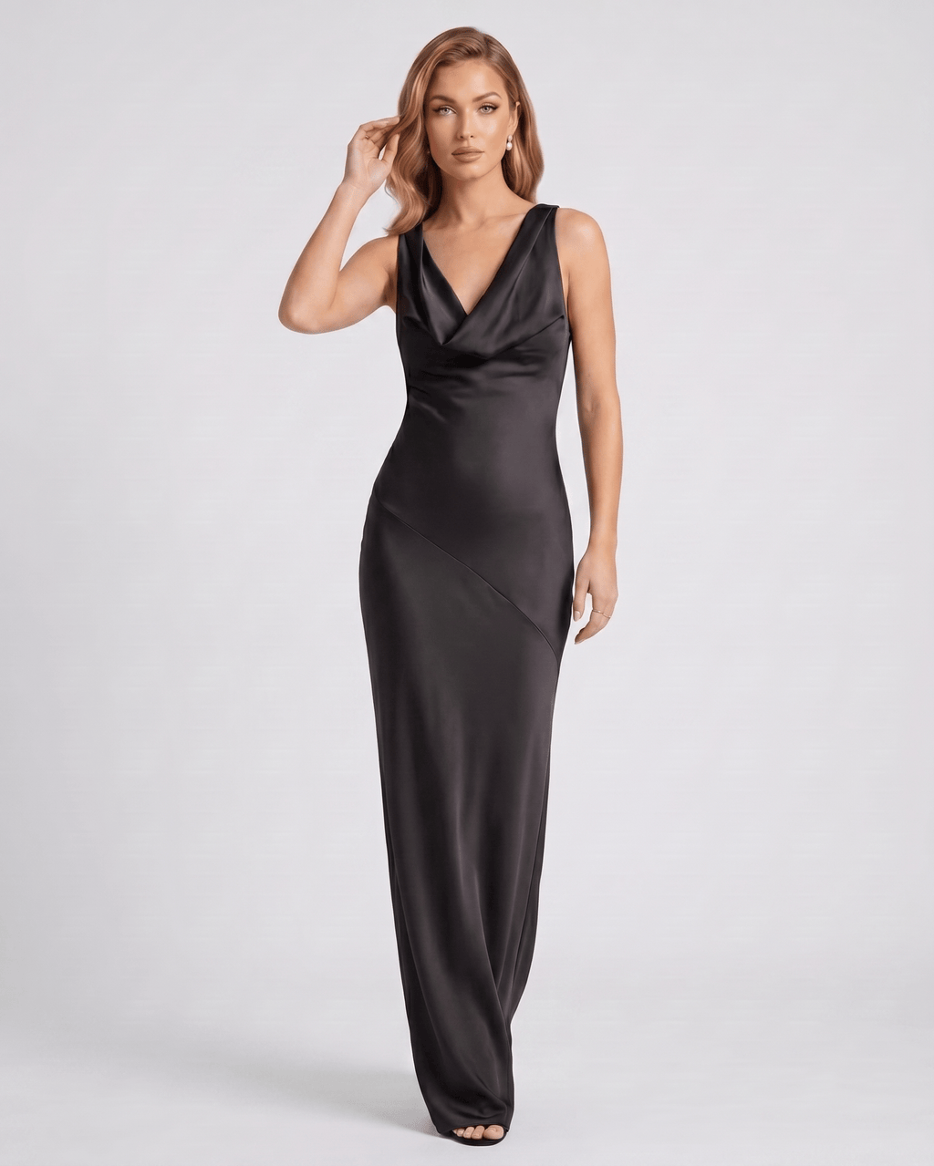 Seralyn Maxi Dress by Lauven — satin sleeveless cowl neck slim maxi dress