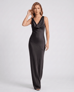 Seralyn Maxi Dress by Lauven — satin sleeveless cowl neck slim maxi dress