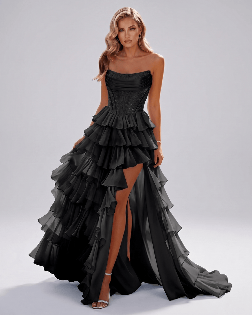 Celestia Maxi Dress by Lauven — black organza strapless corset tiered maxi dress