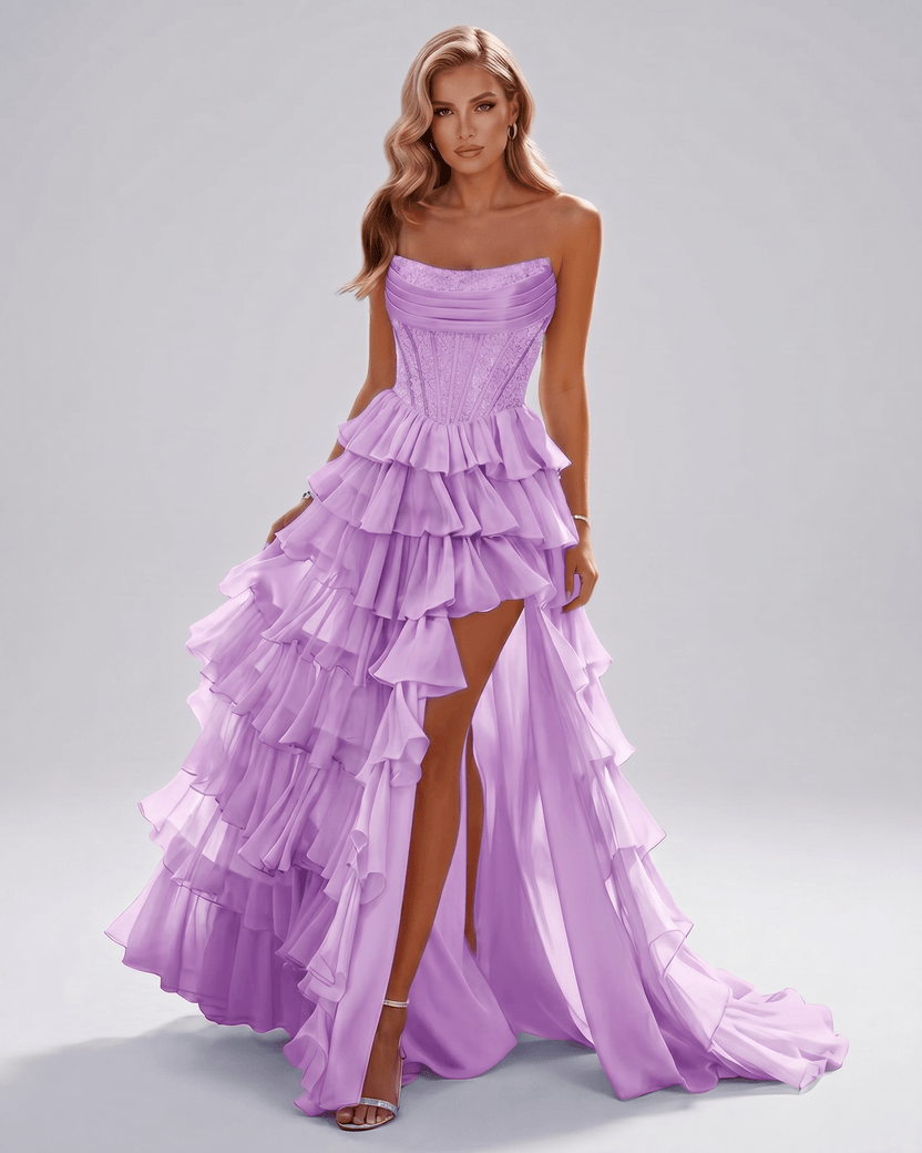 Celestia Maxi Dress by Lauven — lilac organza strapless corset tiered maxi dress