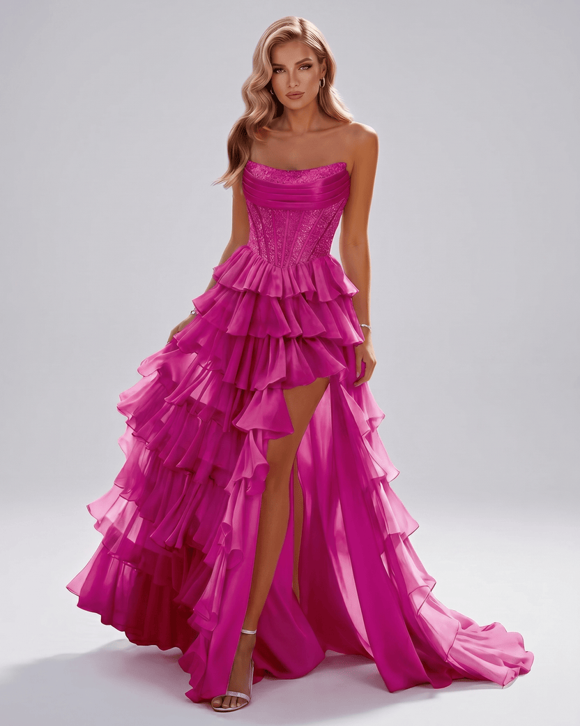 Celestia Maxi Dress by Lauven — hot pink organza strapless corset tiered maxi dress