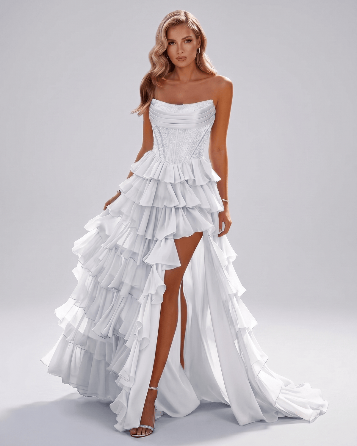 Celestia Maxi Dress by Lauven — white organza strapless corset tiered maxi dress