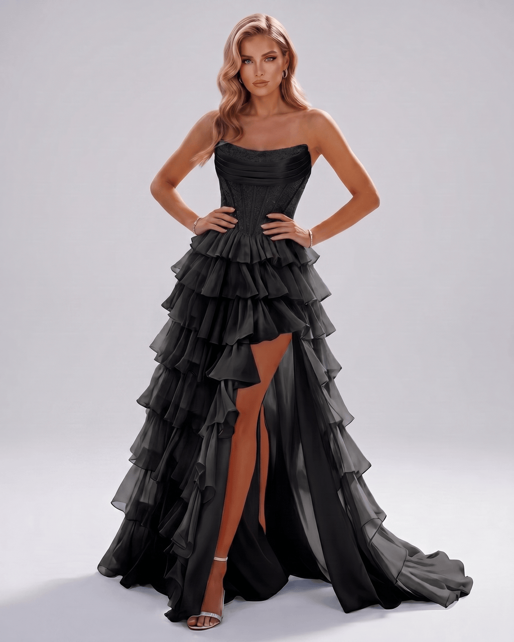 Celestia Maxi Dress by Lauven — organza strapless corset tiered maxi dress