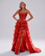 Celestia Maxi Dress by Lauven — organza strapless corset tiered maxi dress