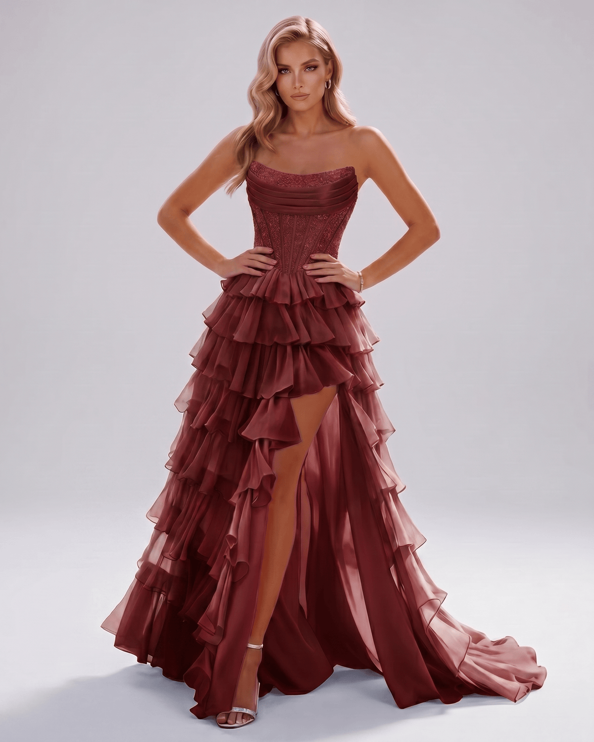 Celestia Maxi Dress by Lauven — organza strapless corset tiered maxi dress