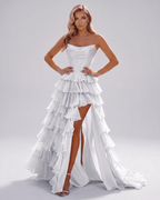 Celestia Maxi Dress by Lauven — organza strapless corset tiered maxi dress