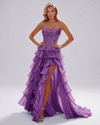 Celestia Maxi Dress by Lauven — organza strapless corset tiered maxi dress