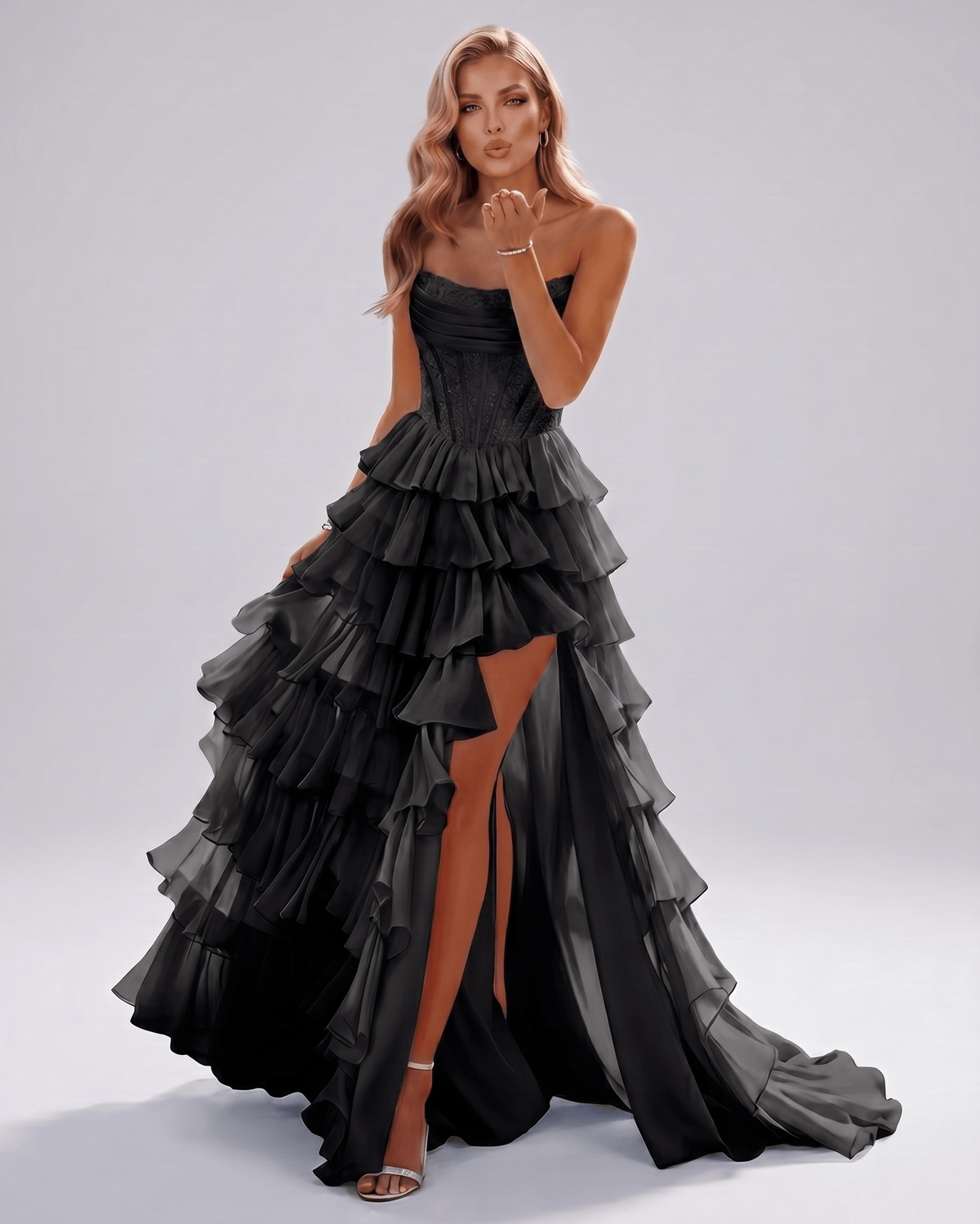 Celestia Maxi Dress by Lauven — organza strapless corset tiered maxi dress