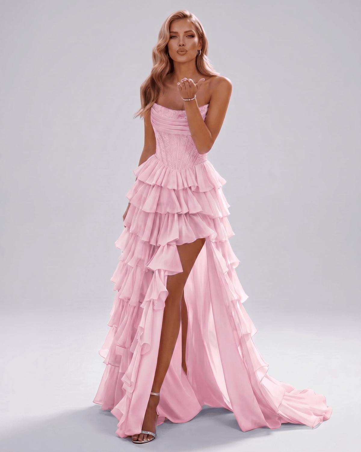 Celestia Maxi Dress by Lauven — organza strapless corset tiered maxi dress