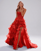 Celestia Maxi Dress by Lauven — organza strapless corset tiered maxi dress