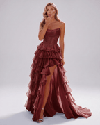 Celestia Maxi Dress by Lauven — organza strapless corset tiered maxi dress