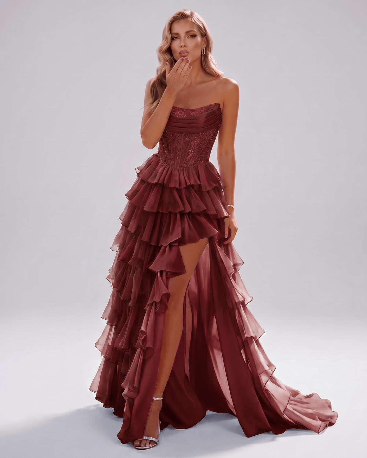 Celestia Maxi Dress by Lauven — organza strapless corset tiered maxi dress