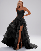 Celestia Maxi Dress by Lauven — organza strapless corset tiered maxi dress