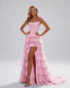 Celestia Maxi Dress by Lauven — organza strapless corset tiered maxi dress