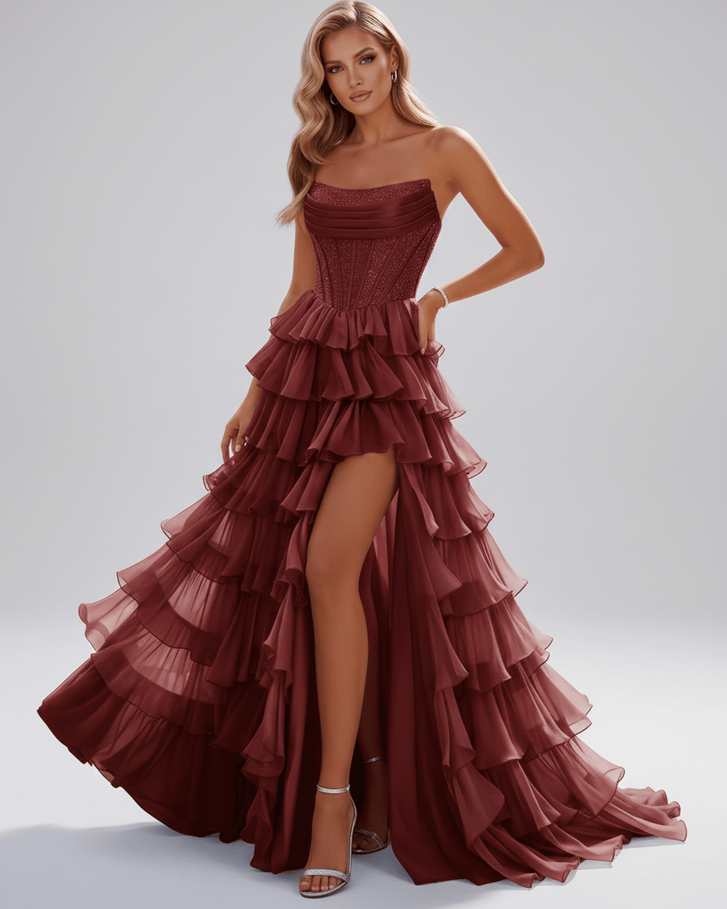 Celestia Maxi Dress by Lauven — organza strapless corset tiered maxi dress