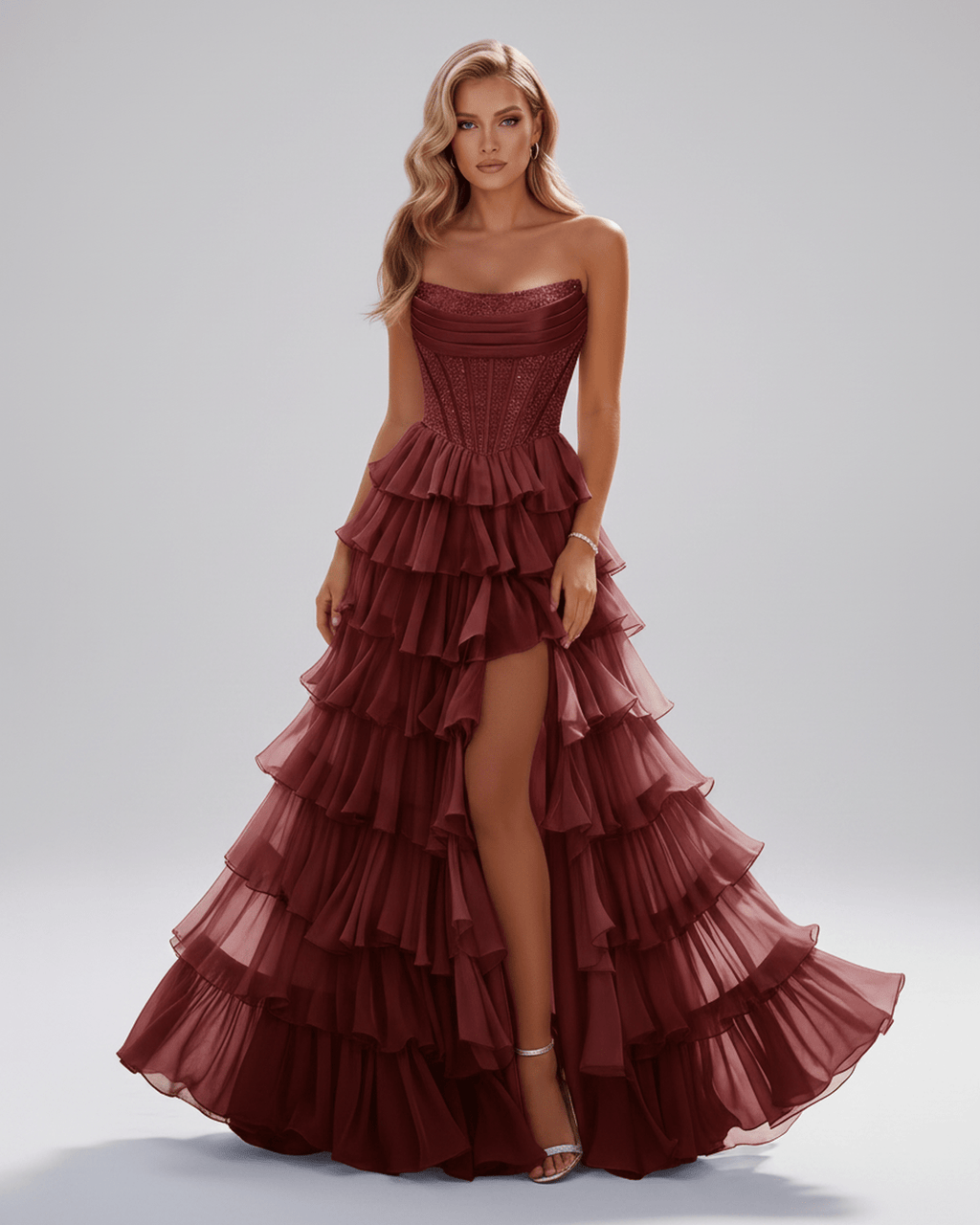 Celestia Maxi Dress by Lauven — organza strapless corset tiered maxi dress