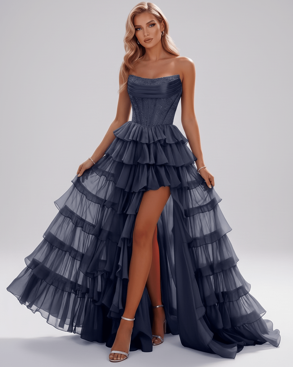 Celestia Maxi Dress by Lauven — organza strapless corset tiered maxi dress