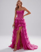 Celestia Maxi Dress by Lauven — organza strapless corset tiered maxi dress