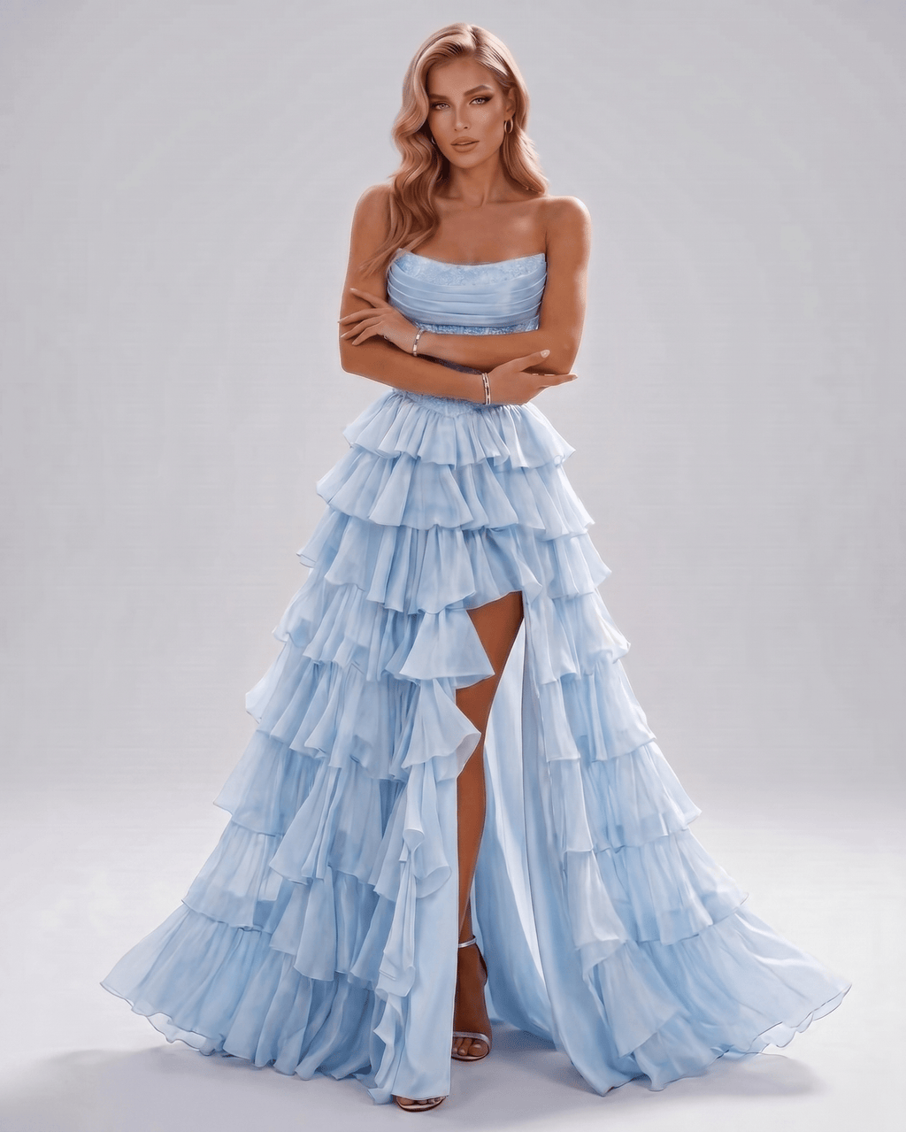 Celestia Maxi Dress by Lauven — organza strapless corset tiered maxi dress
