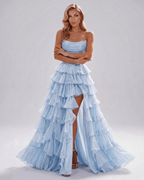 Celestia Maxi Dress by Lauven — organza strapless corset tiered maxi dress