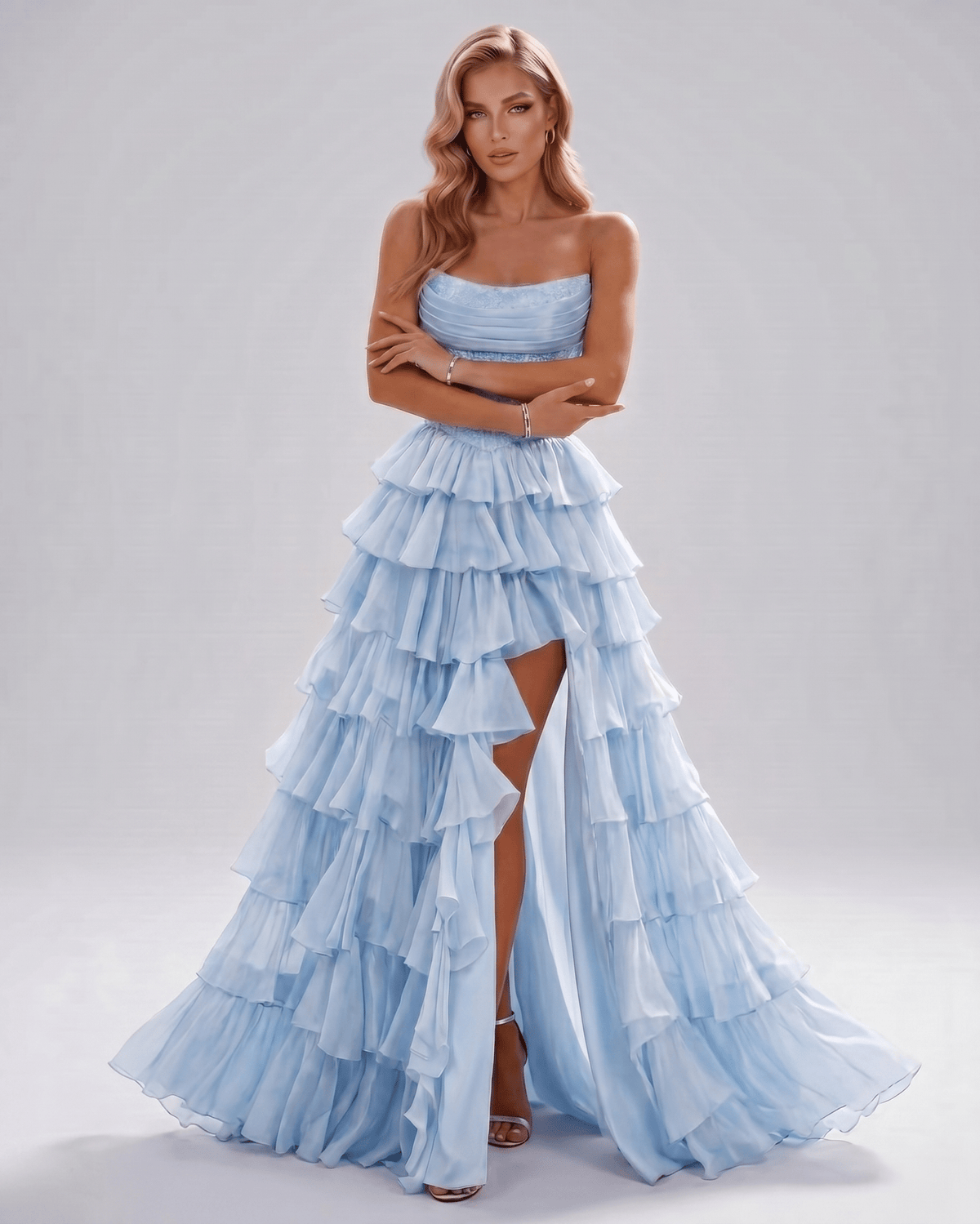 Celestia Maxi Dress by Lauven — organza strapless corset tiered maxi dress