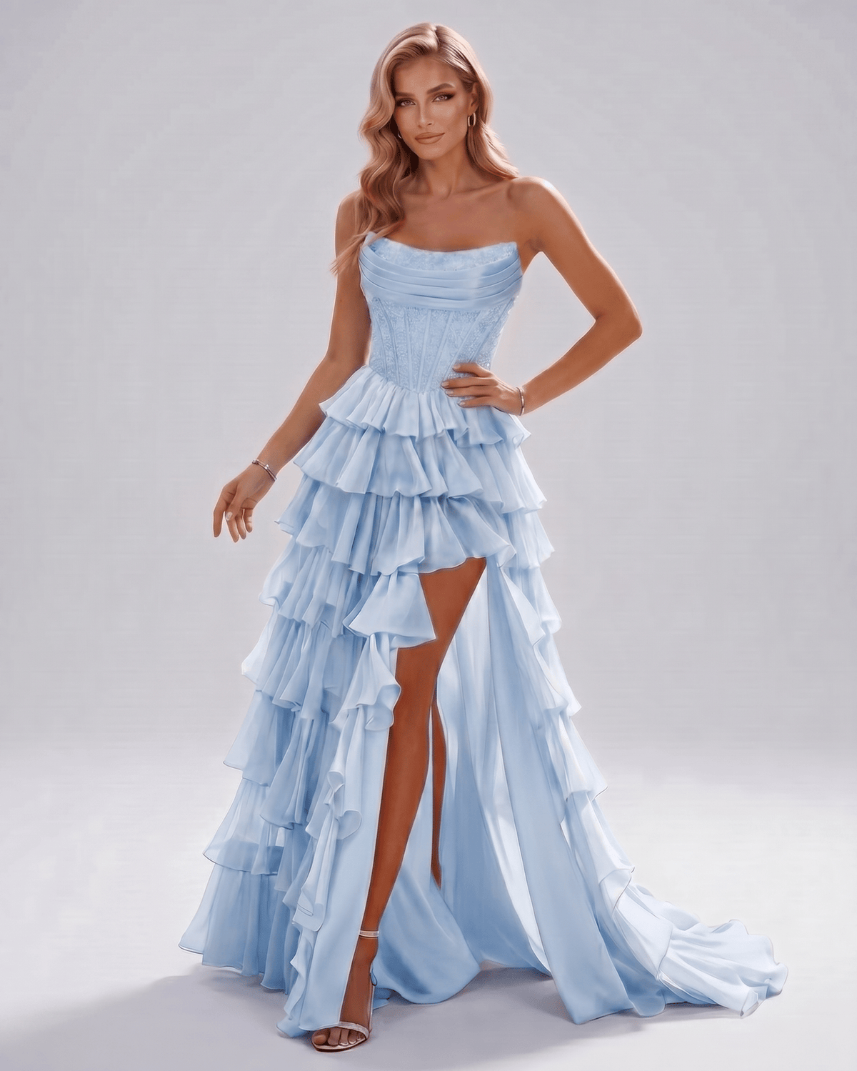 Celestia Maxi Dress by Lauven — organza strapless corset tiered maxi dress