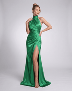 Veloura Maxi Dress by Lauven — satin sleeveless halter neck draped maxi dress