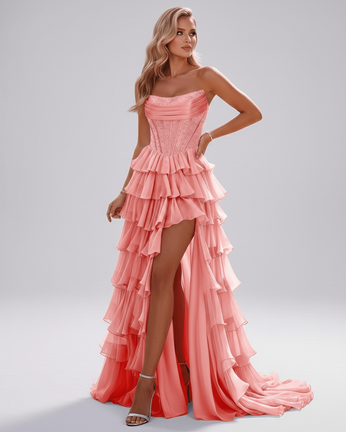 Celestia Maxi Dress by Lauven — organza strapless corset tiered maxi dress
