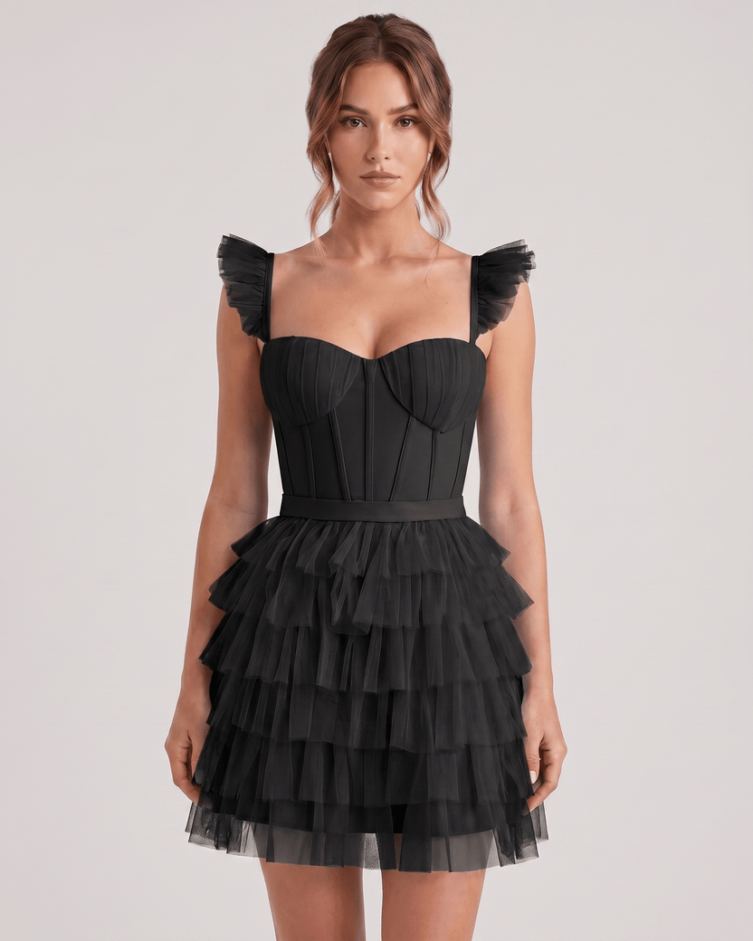 Celestia Mini Dress by Lauven — black layered tulle sweetheart A-line mini dress with spaghetti straps