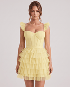 Celestia Mini Dress by Lauven — yellow layered tulle sweetheart A-line mini dress with spaghetti straps