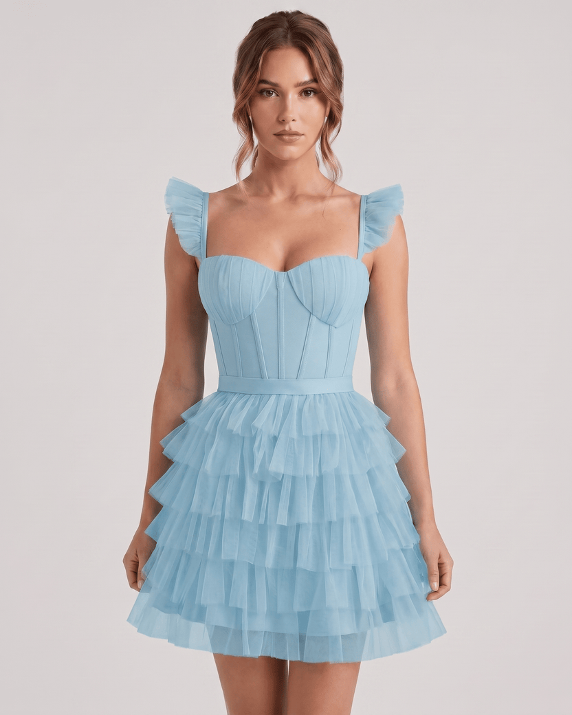 Celestia Mini Dress by Lauven — sky blue layered tulle sweetheart A-line mini dress with spaghetti straps