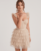 Celestia Mini Dress by Lauven — layered tulle sweetheart A-line mini dress with spaghetti straps