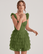 Celestia Mini Dress by Lauven — layered tulle sweetheart A-line mini dress with spaghetti straps