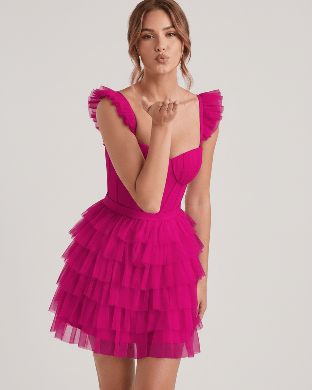 Celestia Mini Dress by Lauven — layered tulle sweetheart A-line mini dress with spaghetti straps