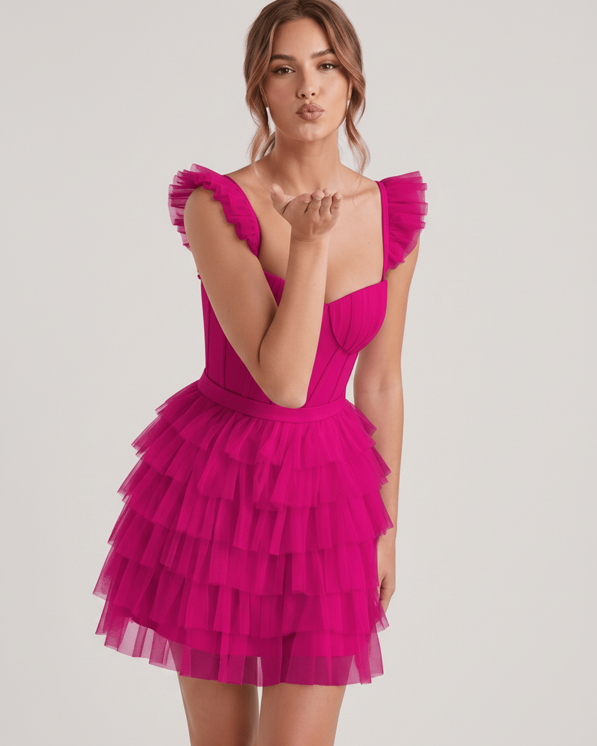 Celestia Mini Dress by Lauven — layered tulle sweetheart A-line mini dress with spaghetti straps