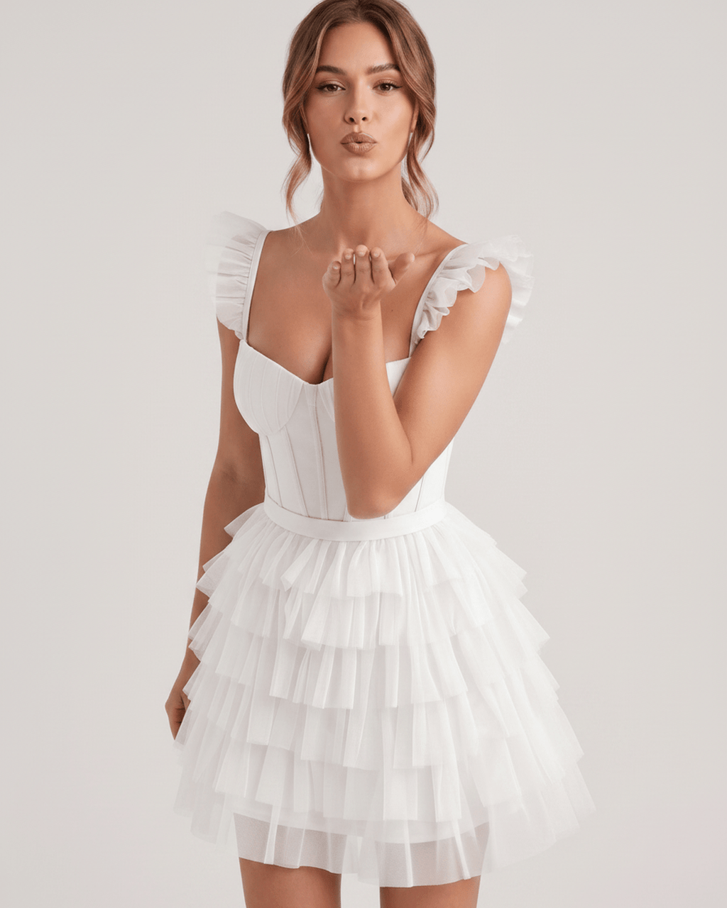 Celestia Mini Dress by Lauven — layered tulle sweetheart A-line mini dress with spaghetti straps