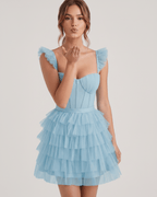 Celestia Mini Dress by Lauven — layered tulle sweetheart A-line mini dress with spaghetti straps