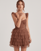 Celestia Mini Dress by Lauven — layered tulle sweetheart A-line mini dress with spaghetti straps