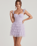 Celestia Mini Dress by Lauven — layered tulle sweetheart A-line mini dress with spaghetti straps