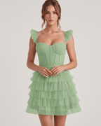 Celestia Mini Dress by Lauven — layered tulle sweetheart A-line mini dress with spaghetti straps