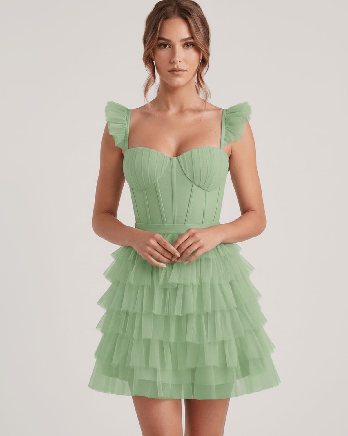 Celestia Mini Dress by Lauven — layered tulle sweetheart A-line mini dress with spaghetti straps