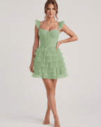 Celestia Mini Dress by Lauven — layered tulle sweetheart A-line mini dress with spaghetti straps